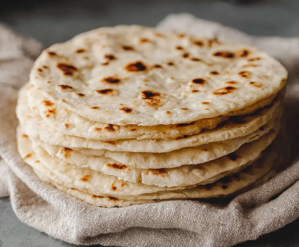 Homemade sourdough discard tortillas on a wooden surface, showcasing their soft, flexible texture and rustic appearance.