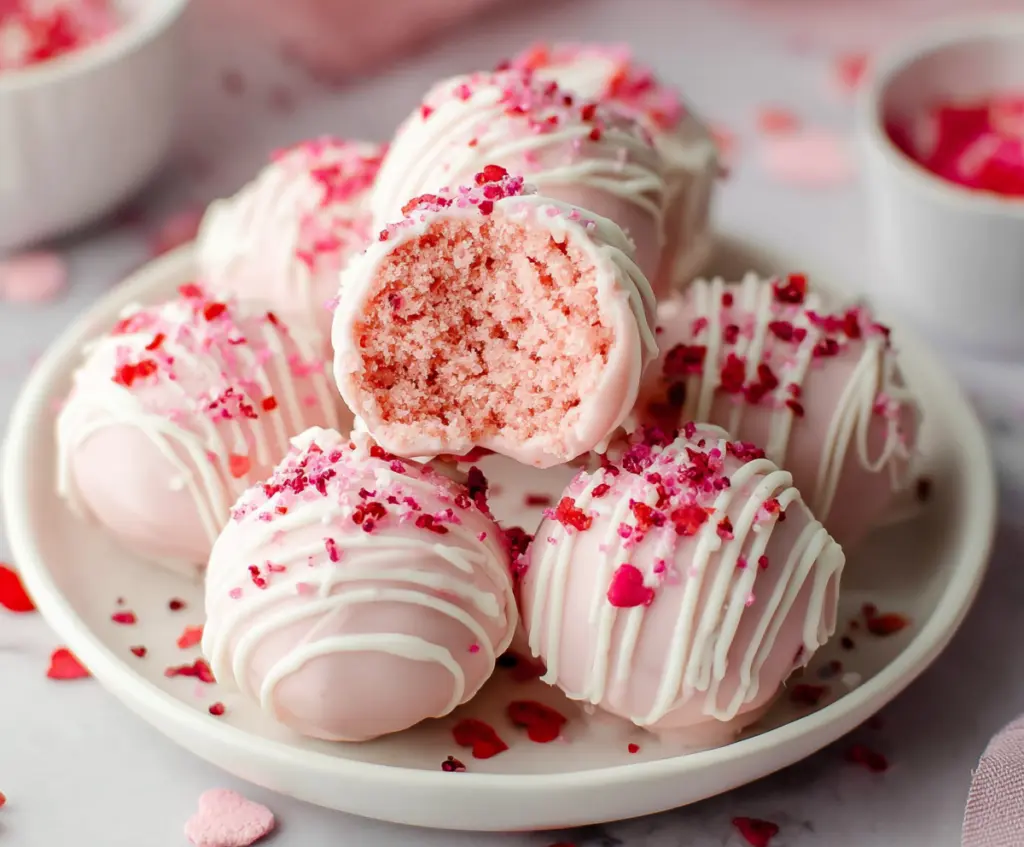 Delicious homemade strawberry cake balls coated in pink icing, perfect for dessert lovers.