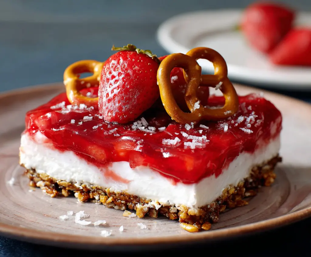 Delicious strawberry pretzel dessert layered with creamy filling and fresh strawberries.