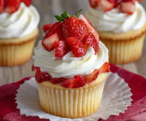 Delicious strawberry shortcake cupcakes topped with fresh strawberries and whipped cream.
