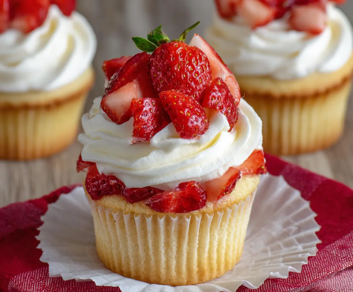 Delicious strawberry shortcake cupcakes topped with fresh strawberries and whipped cream.