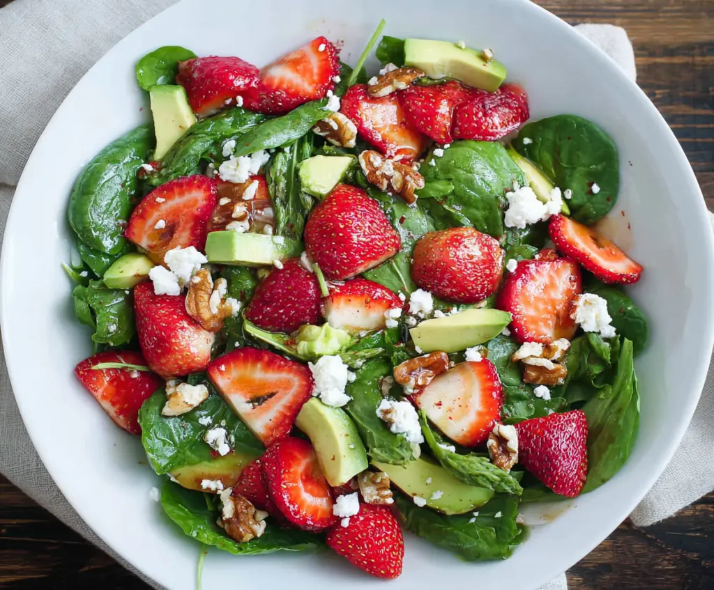 Fresh Strawberry Spring Salad with mixed greens, feta cheese, and balsamic glaze.