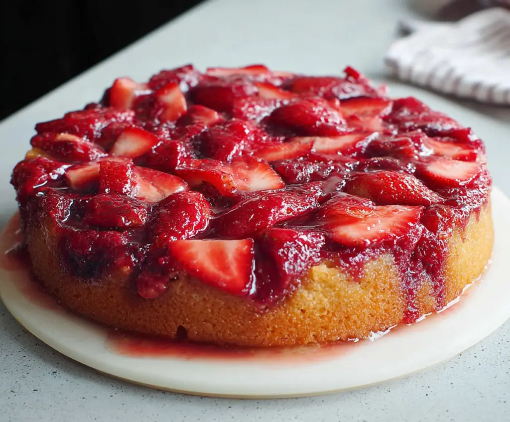 Delicious strawberry upside down cake with fresh strawberries and caramelized topping.