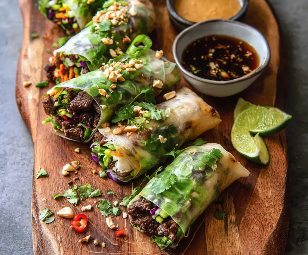 Delicious Thai Beef Spring Rolls with fresh herbs and dipping sauce on a plate