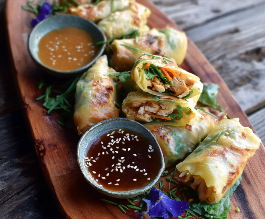 Fresh Turkish Sesame Chicken Spring Rolls with turmeric and crunchy vegetables on a white plate.