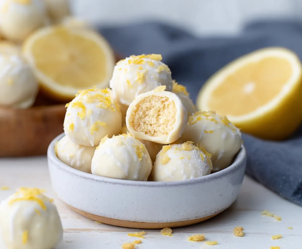 Delicious white chocolate lemon truffles with a smooth, creamy texture and zesty lemon flavor on a decorative plate.