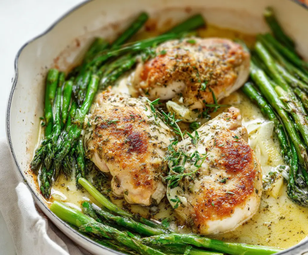 Delicious baked chicken with fresh asparagus on a serving plate