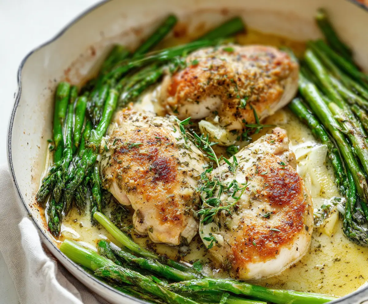 Delicious baked chicken with fresh asparagus on a serving plate