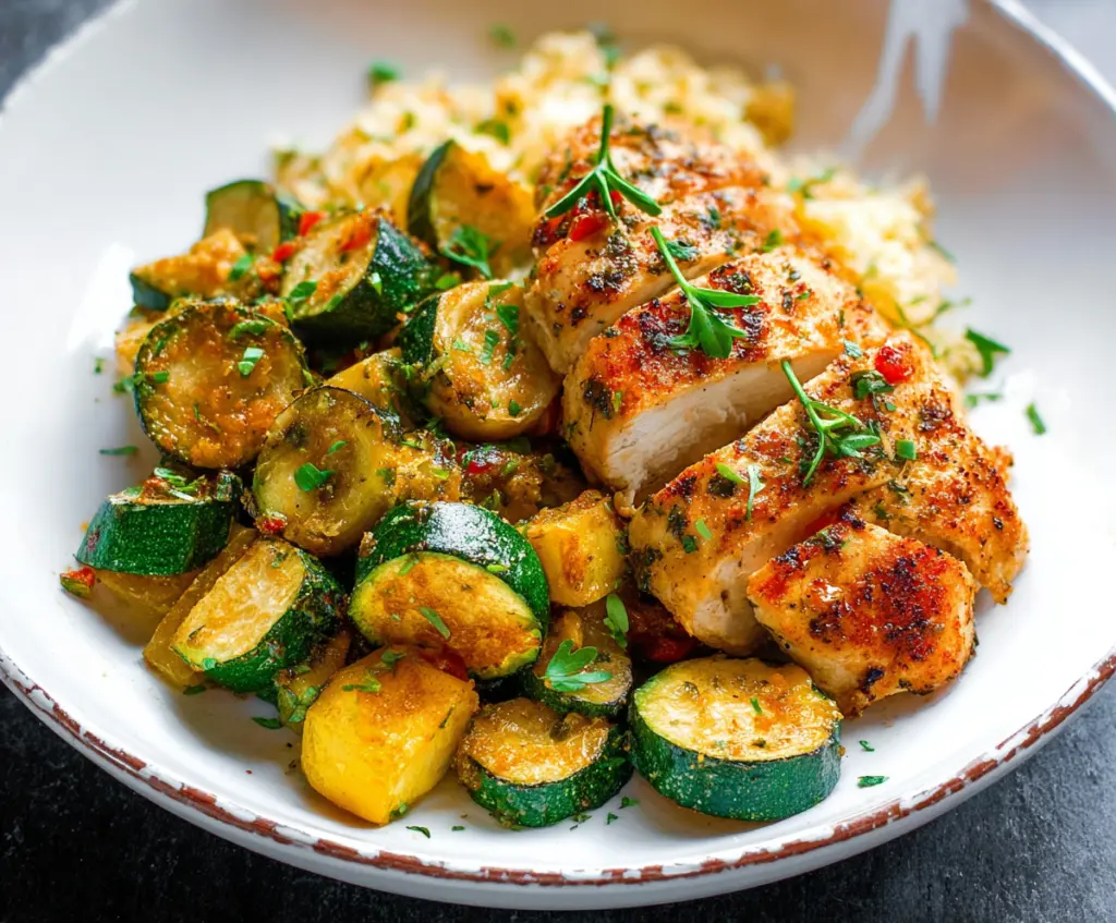 Healthy grilled chicken breast with fresh zucchini and squash on a white plate.