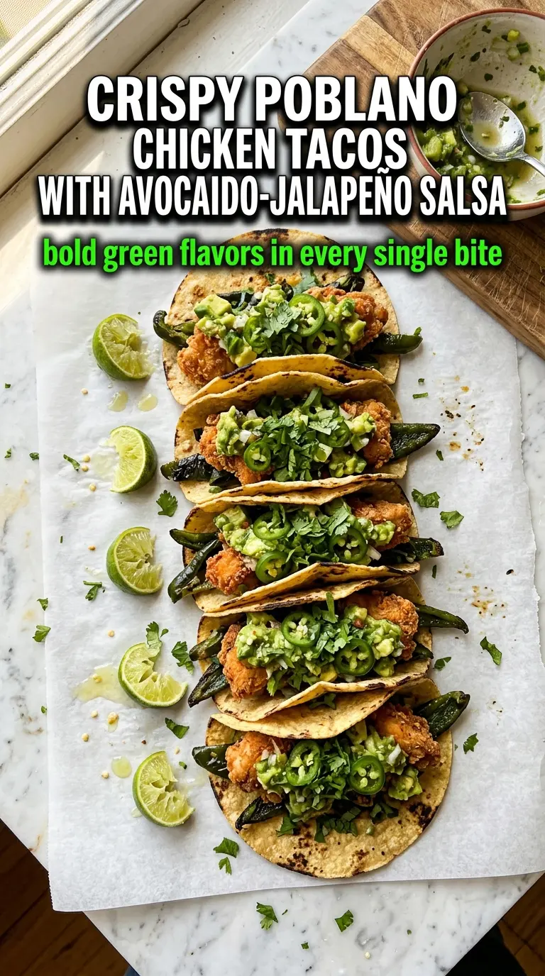 Crispy Poblano Chicken Tacos with Avocado-Jalapeño Salsa, crispy, spicy, fresh