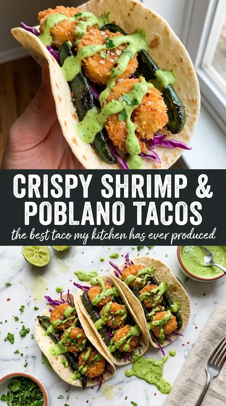 Crispy Shrimp & Poblano Tacos with Avocado Cilantro Sauce crispy smoky creamy
