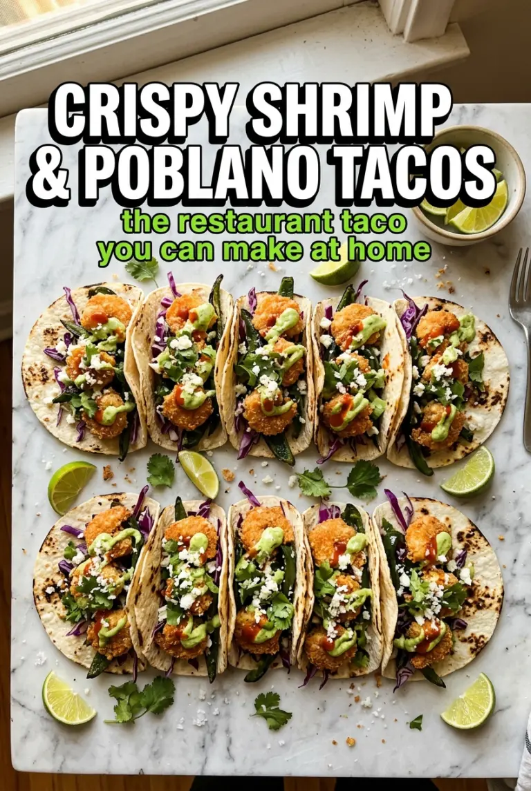 Crispy Shrimp & Poblano Tacos with Avocado Cilantro Sauce