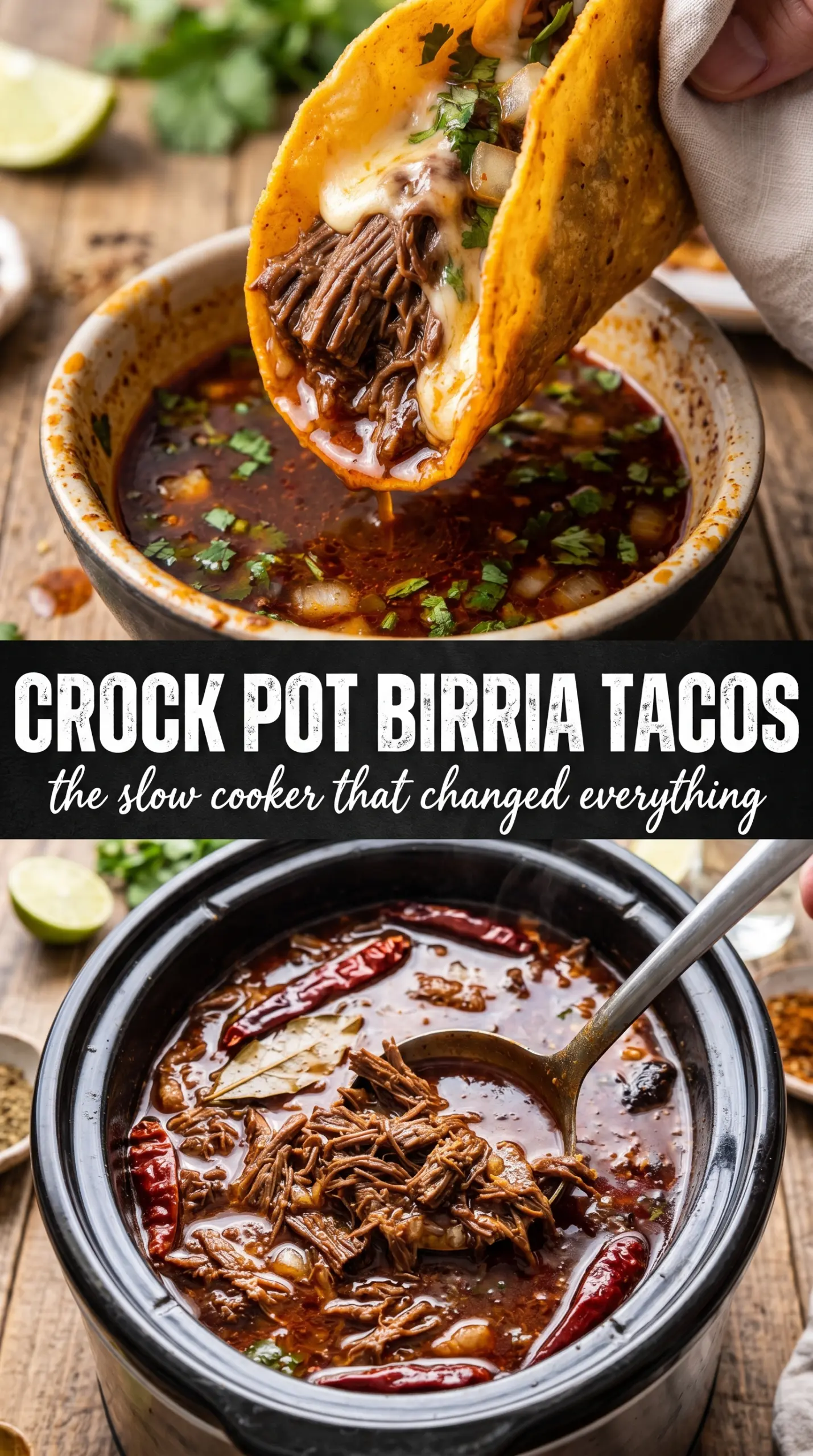 Crock Pot Birria Tacos rich red sauce crispy tortillas