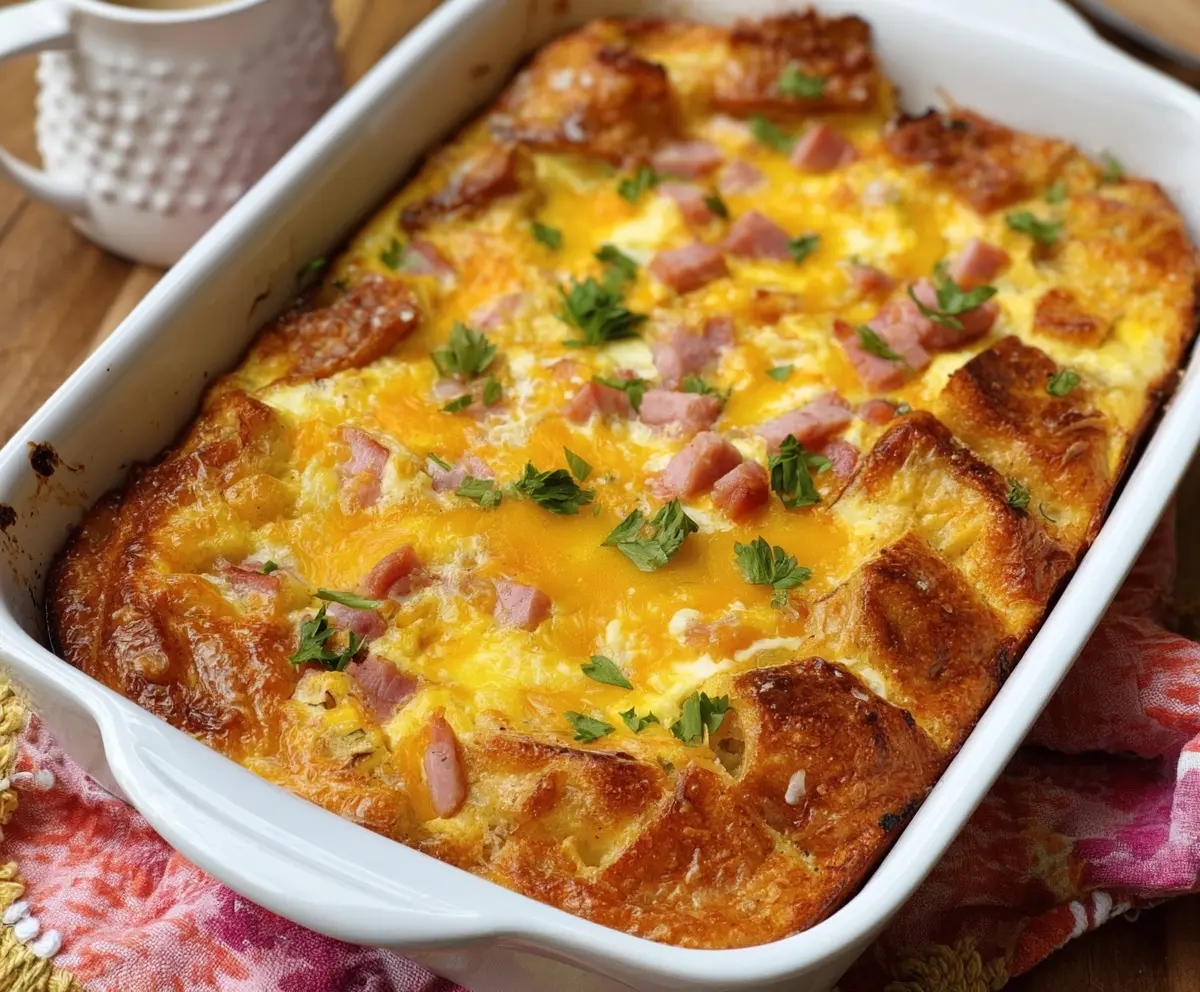 Delicious Easter cheesy ham and egg casserole served in a baking dish, perfect for brunch or holiday celebrations.