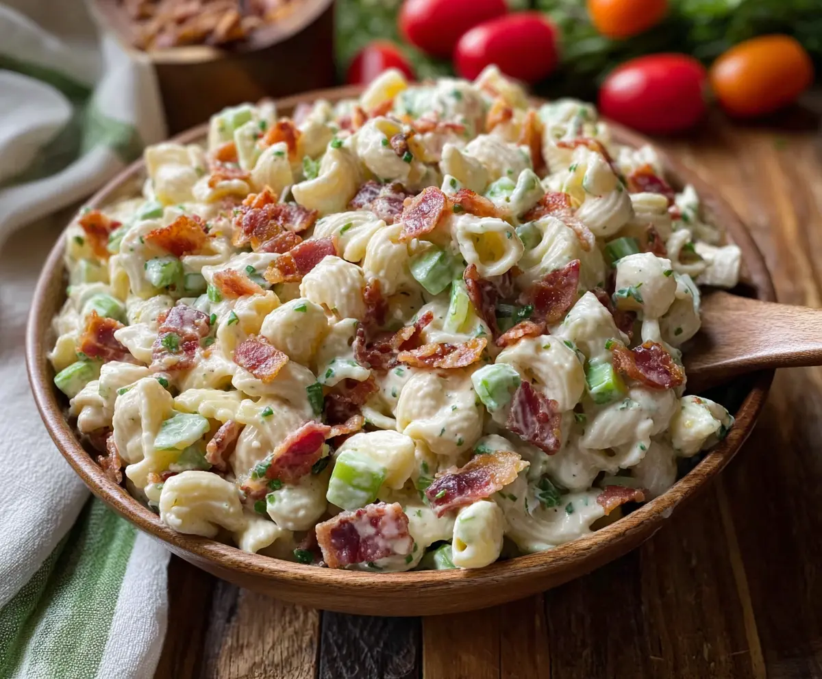 Delicious Fresh Ranch Pasta Salad with crispy bacon pieces on top, perfect for summer picnics and potlucks.