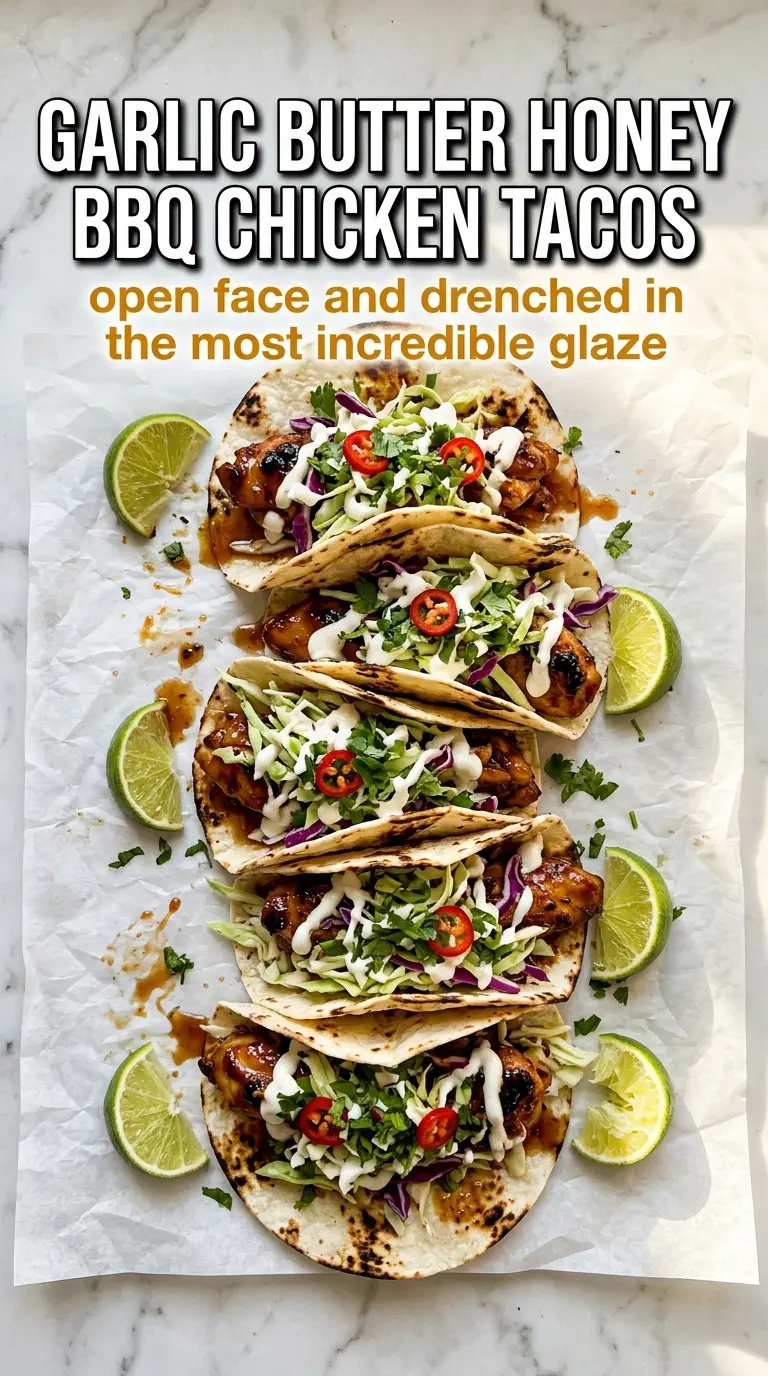 Garlic Butter Honey BBQ Chicken Tacos glossy caramelized