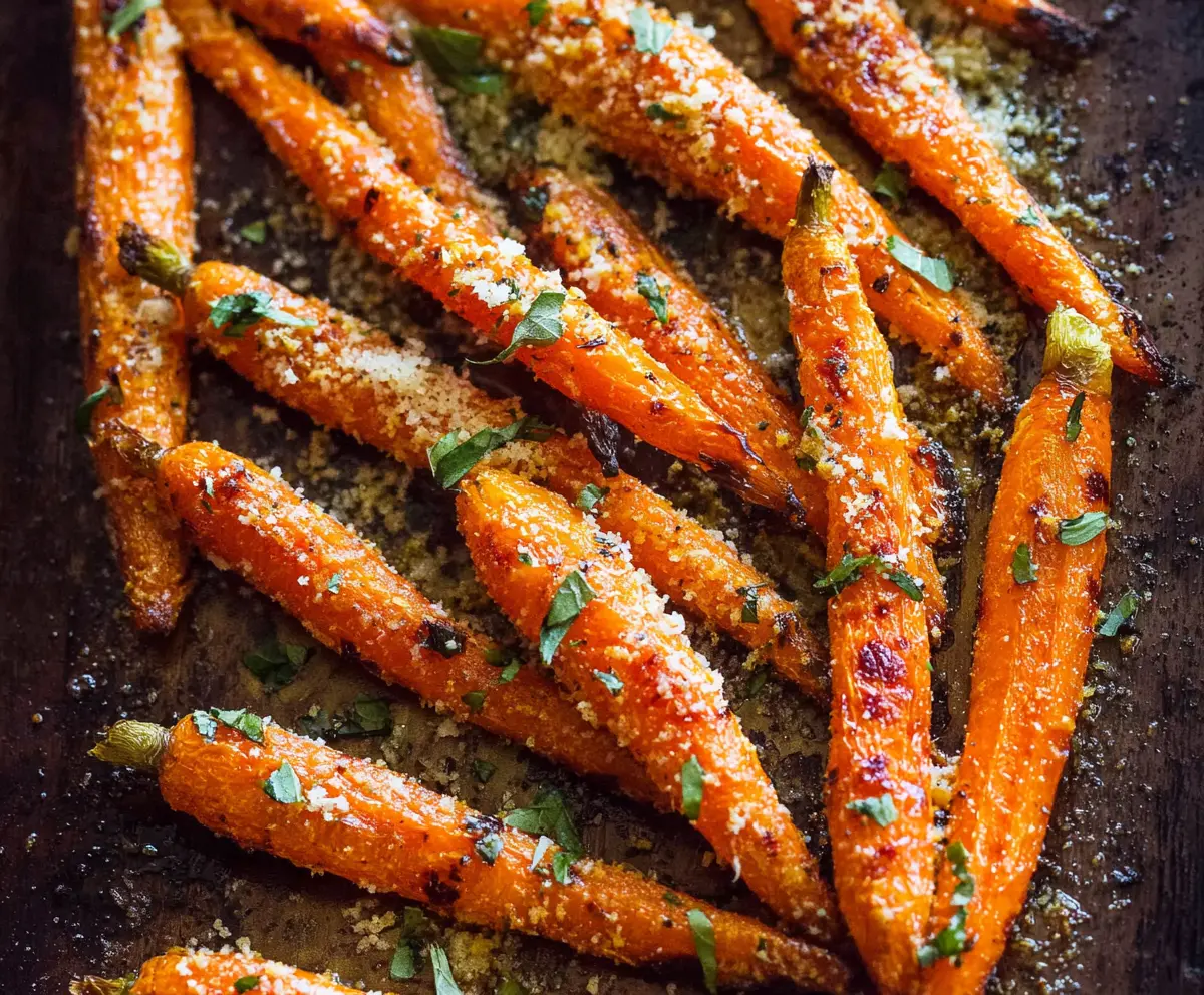 Delicious garlic Parmesan roasted carrots served on a white plate, garnished with fresh herbs.
