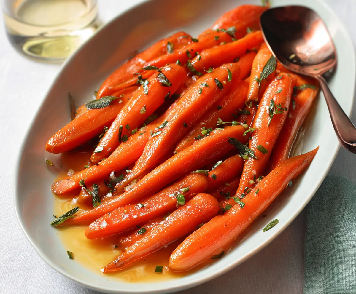 Delicious glazed carrots served on a white plate, garnished with herbs for a flavorful side dish.