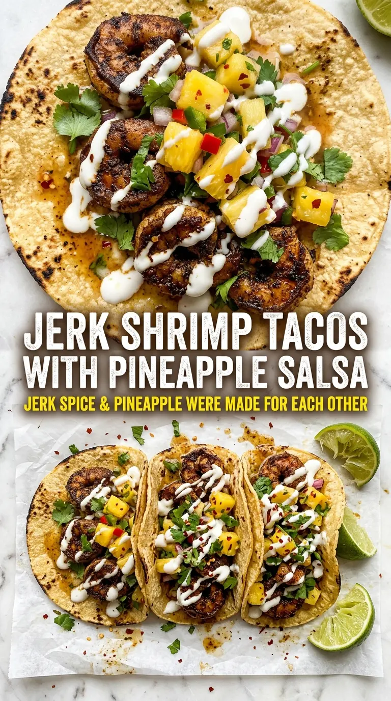 Jerk Shrimp Tacos with Pineapple Salsa, smoky tropical fresh