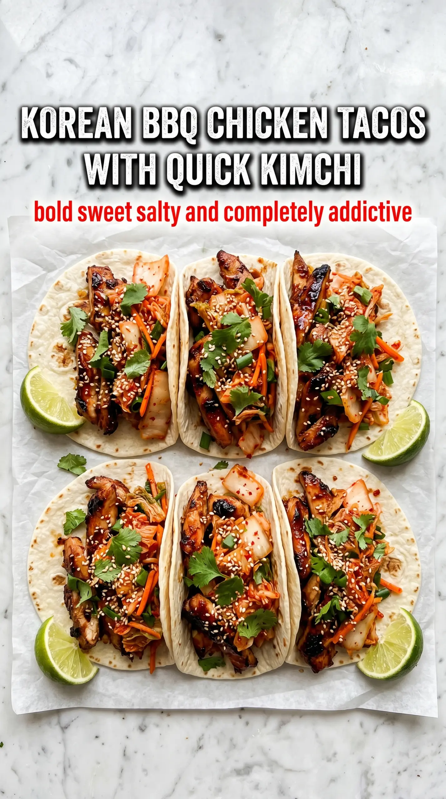 Korean BBQ Chicken Tacos with Quick Kimchi, glazed, tangy, sesame