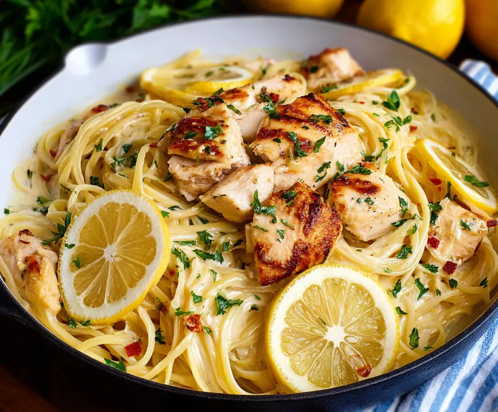 Creamy Lemon Chicken Pasta dish with fresh herbs and zesty lemon flavor.