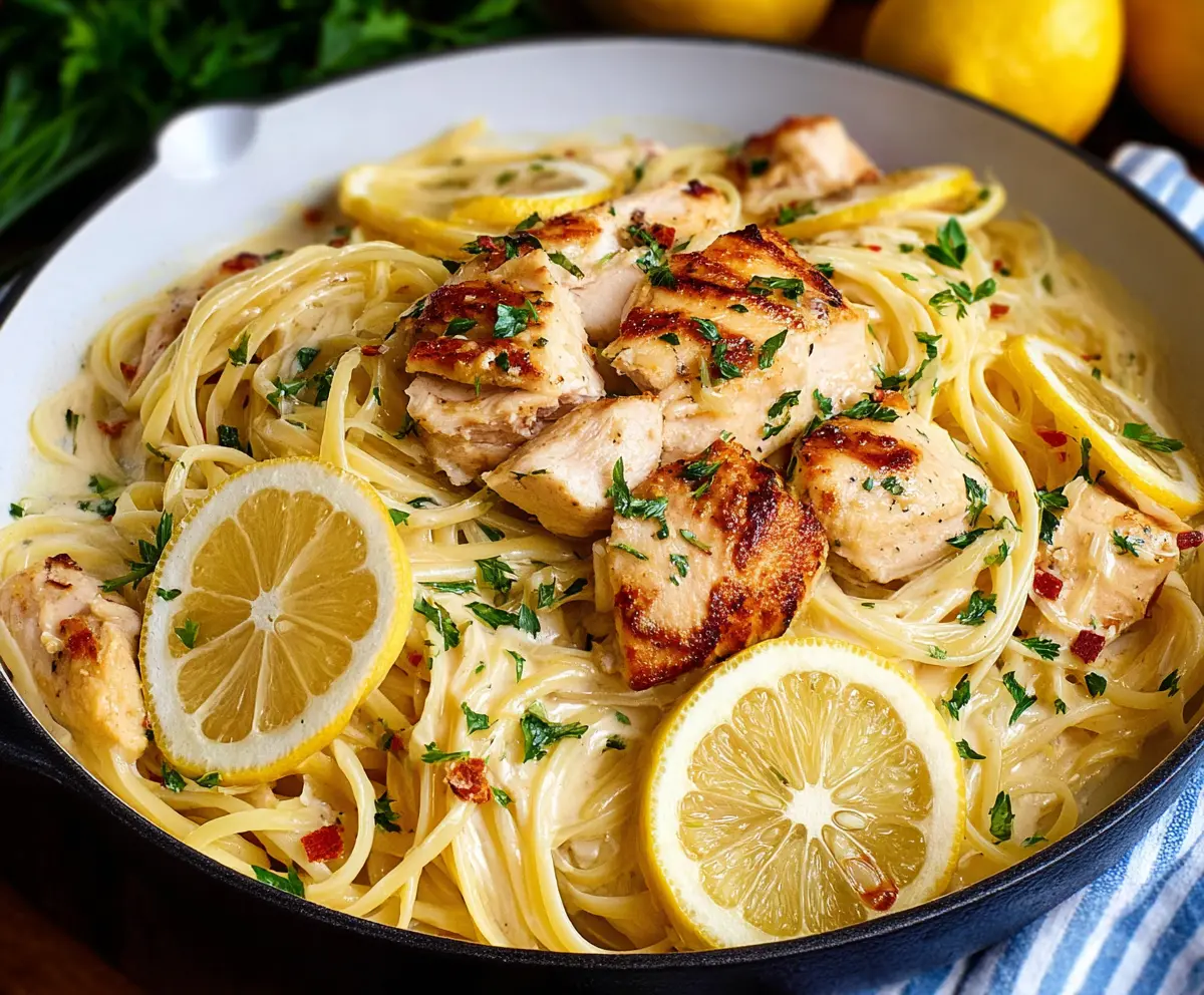 Creamy Lemon Chicken Pasta dish with fresh herbs and zesty lemon flavor.