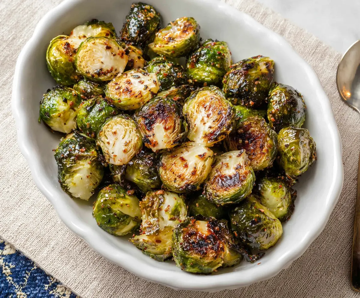 Delicious roasted Brussels sprouts on a plate, crispy and golden brown, perfect for a healthy side dish.