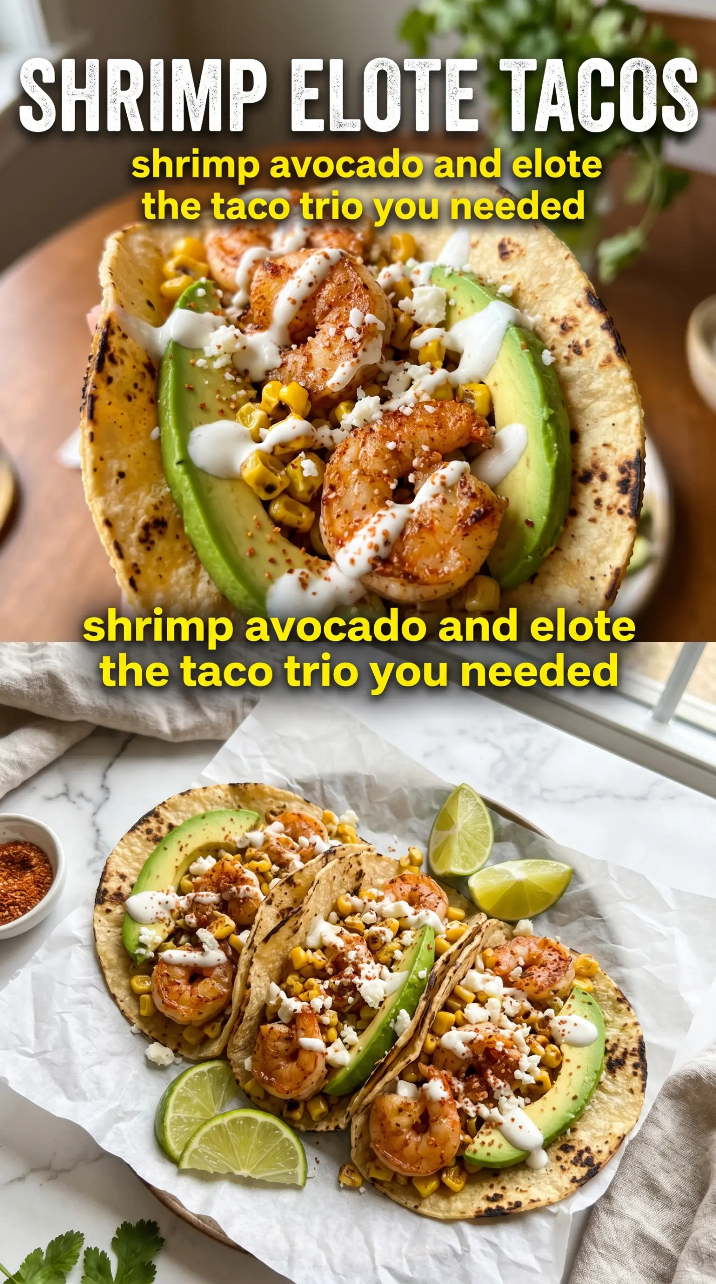 Shrimp Elote Tacos with charred shrimp, creamy sauce, cilantro