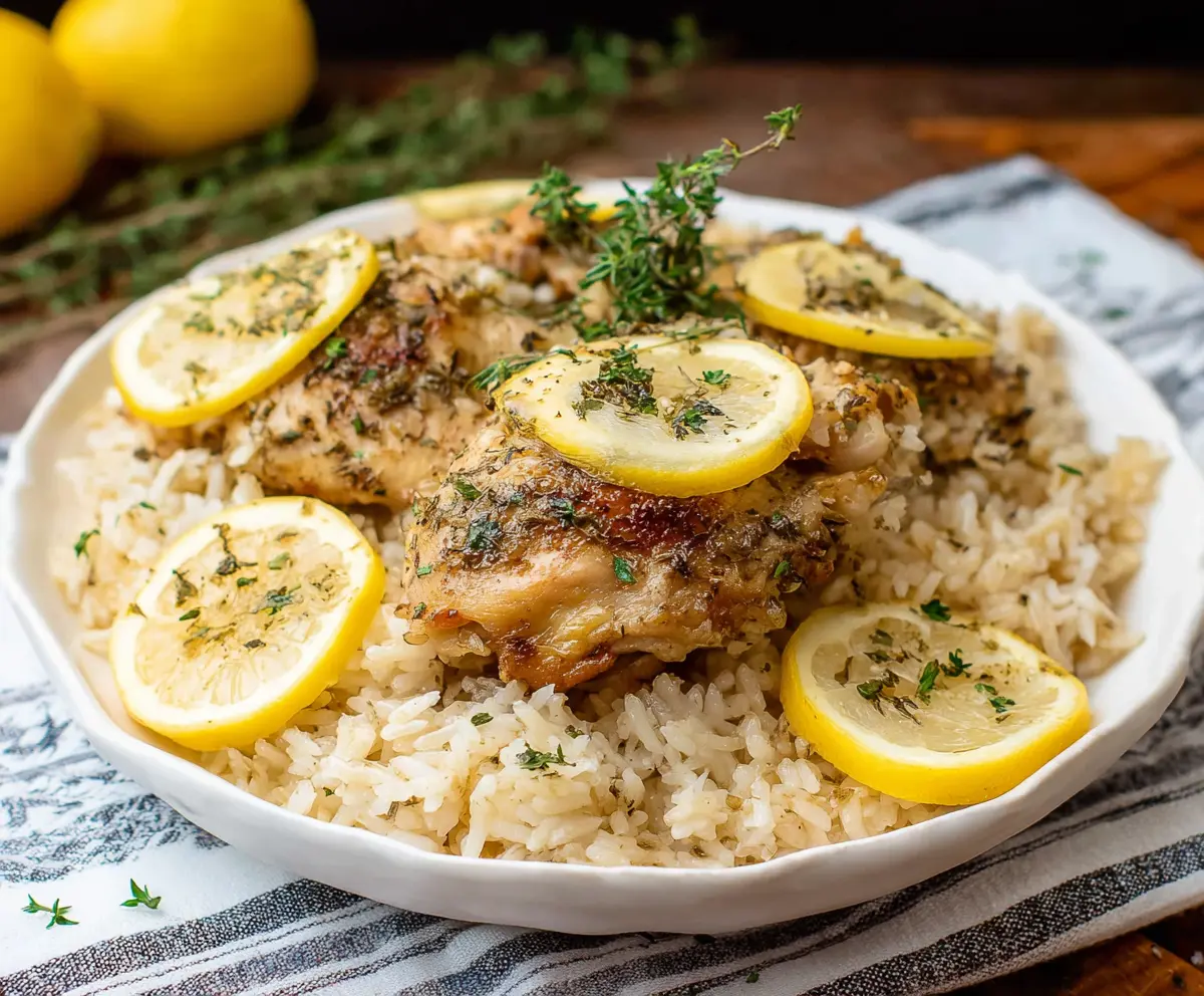 Delicious slow cooker lemon herb chicken served with fluffy rice and fresh herbs