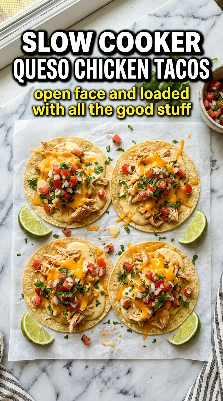 Slow Cooker Queso Chicken Tacos creamy shredded chicken