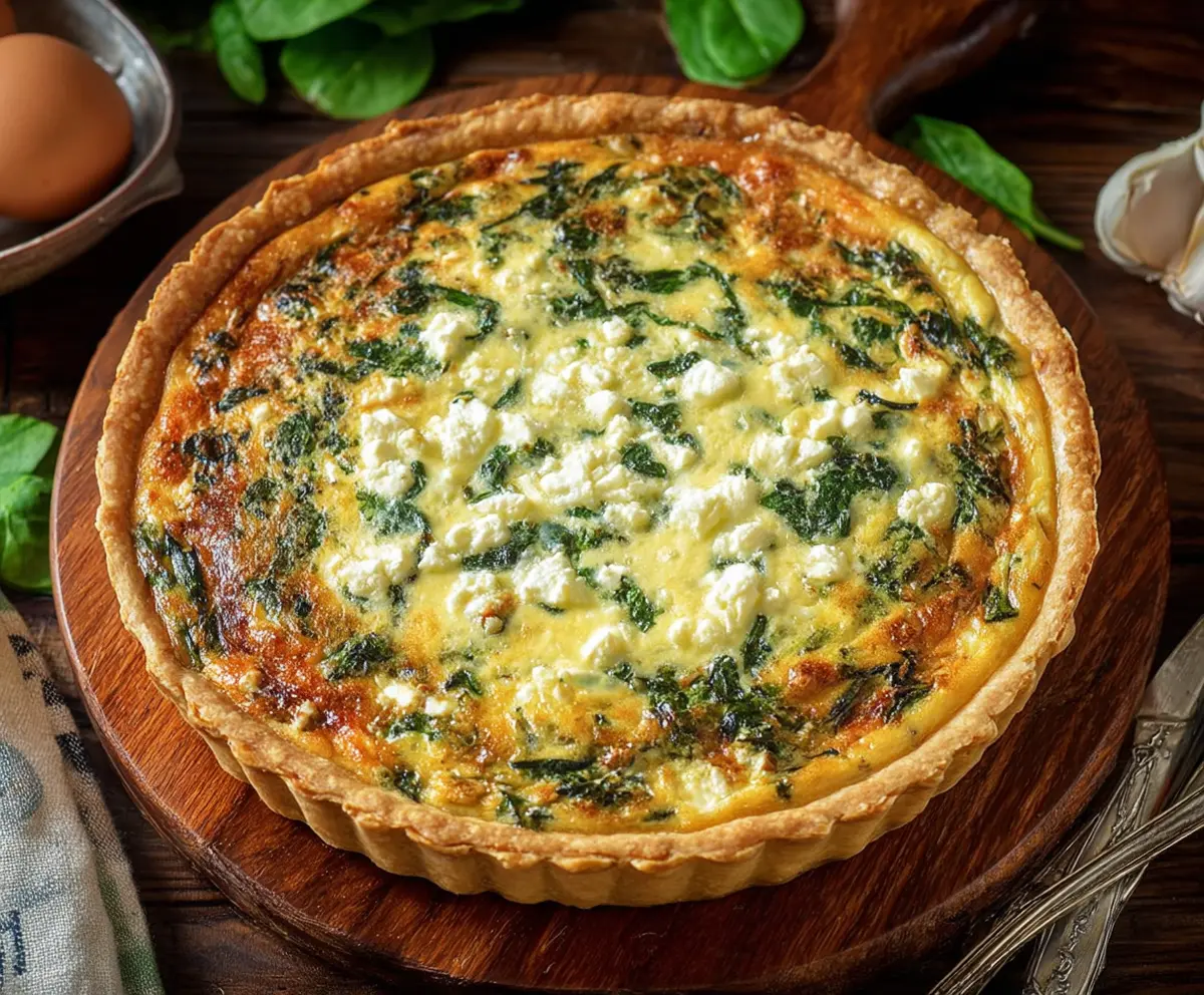 Delicious Spinach Feta Quiche with a golden crust and fresh leafy spinach