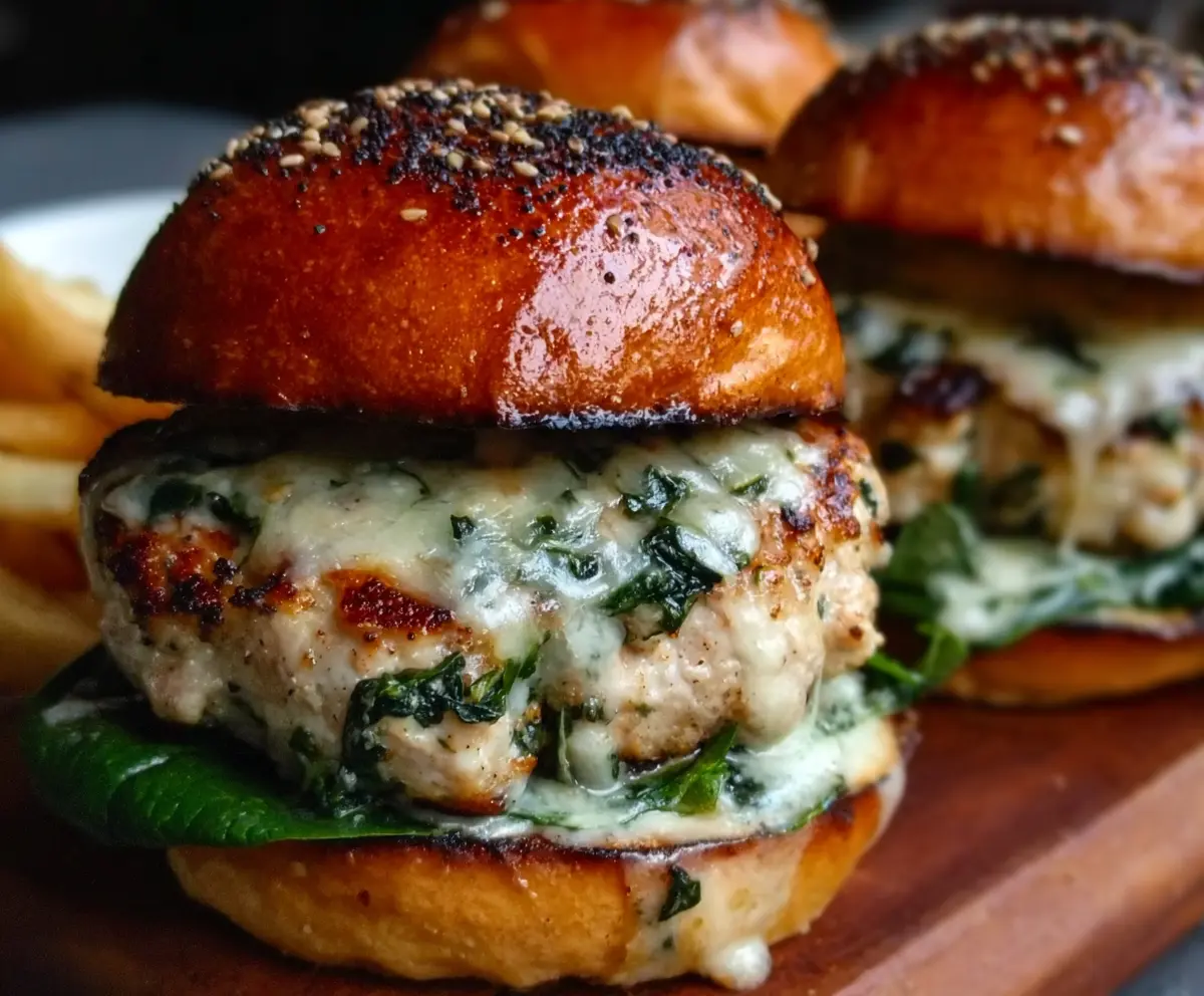 Juicy white cheddar spinach chicken burger with fresh greens on a bun