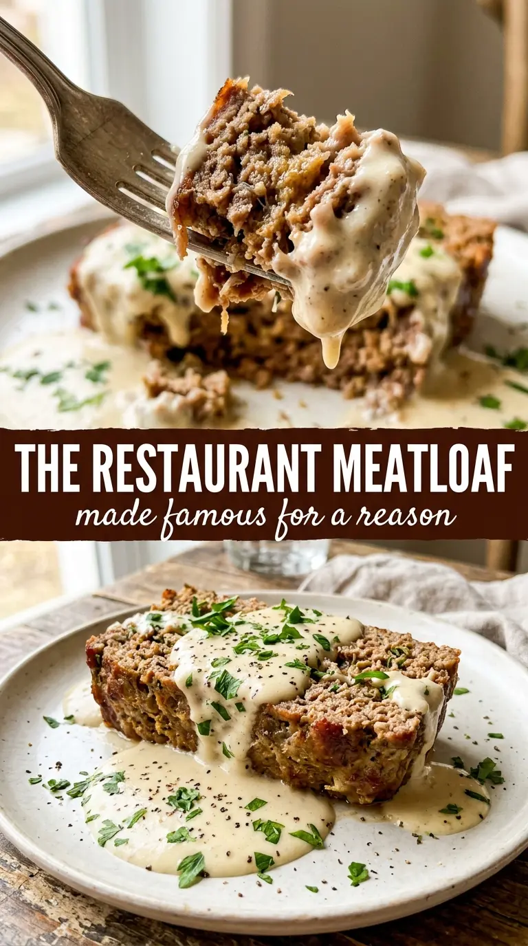 1770 House Meatloaf with Garlic Sauce, savory, creamy, herb-rich
