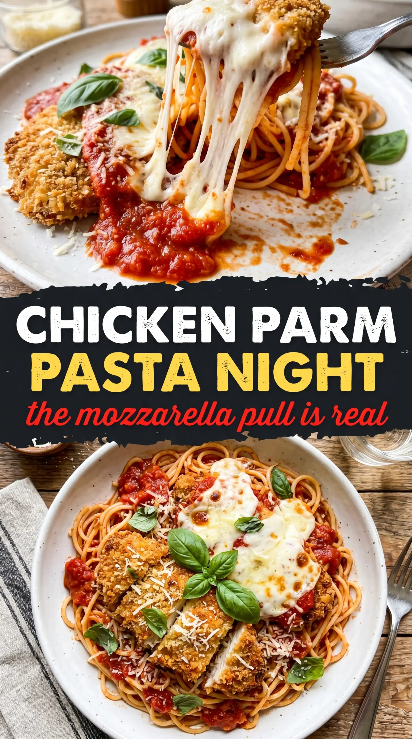 Chicken Parmesan Pasta baked cheesy basil