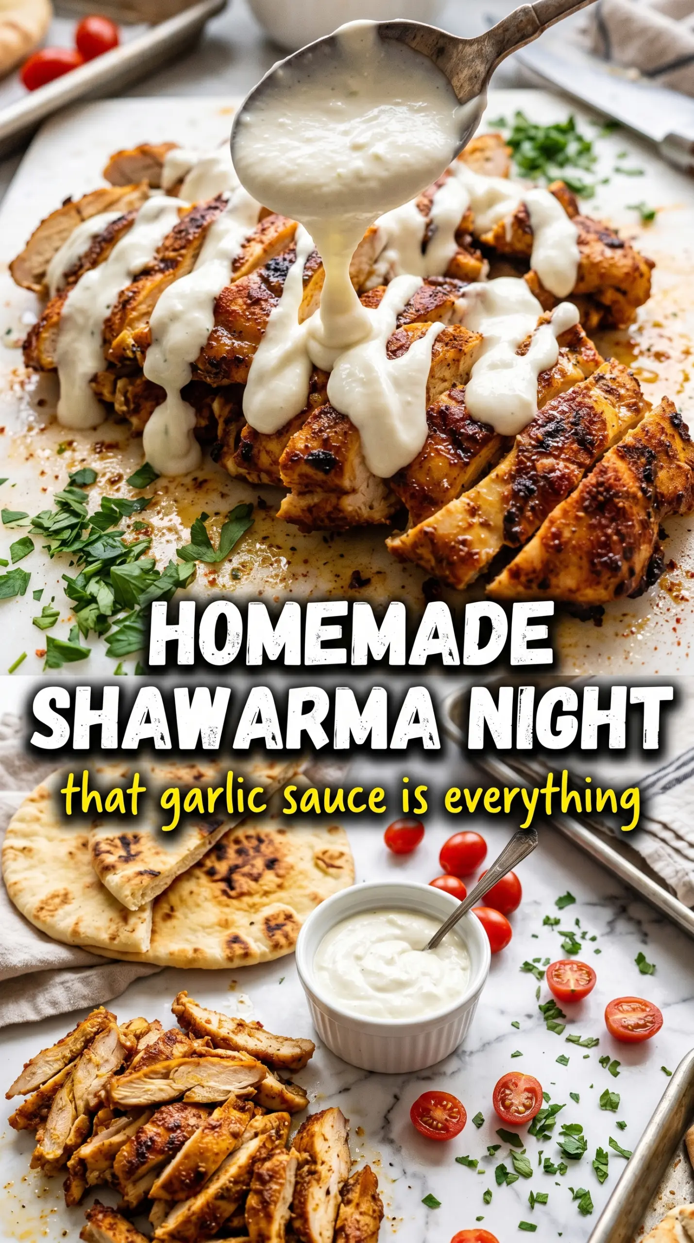 Chicken Shawarma with Garlic Sauce, spiced, golden, creamy