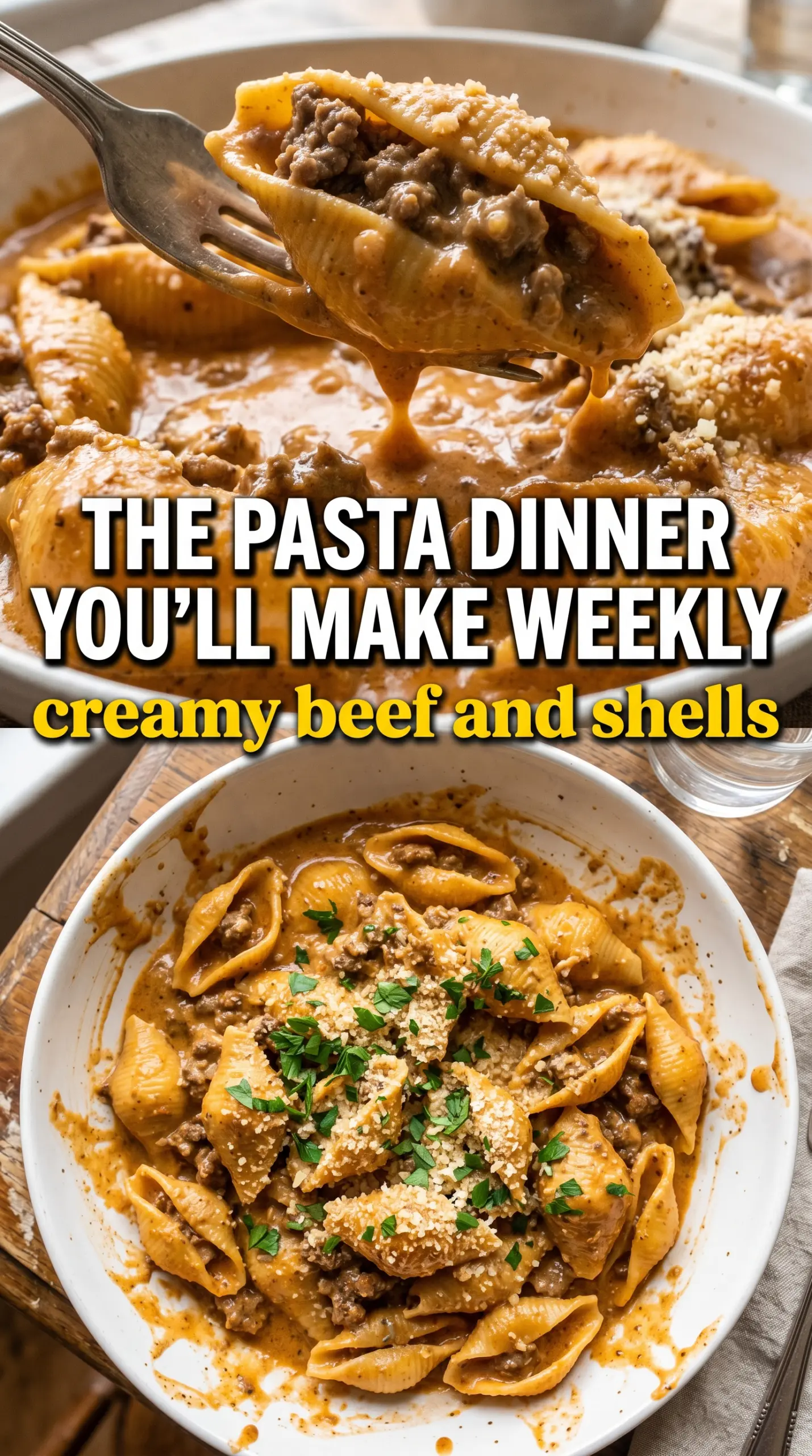 Creamy Beef and Shells cheesy pasta skillet