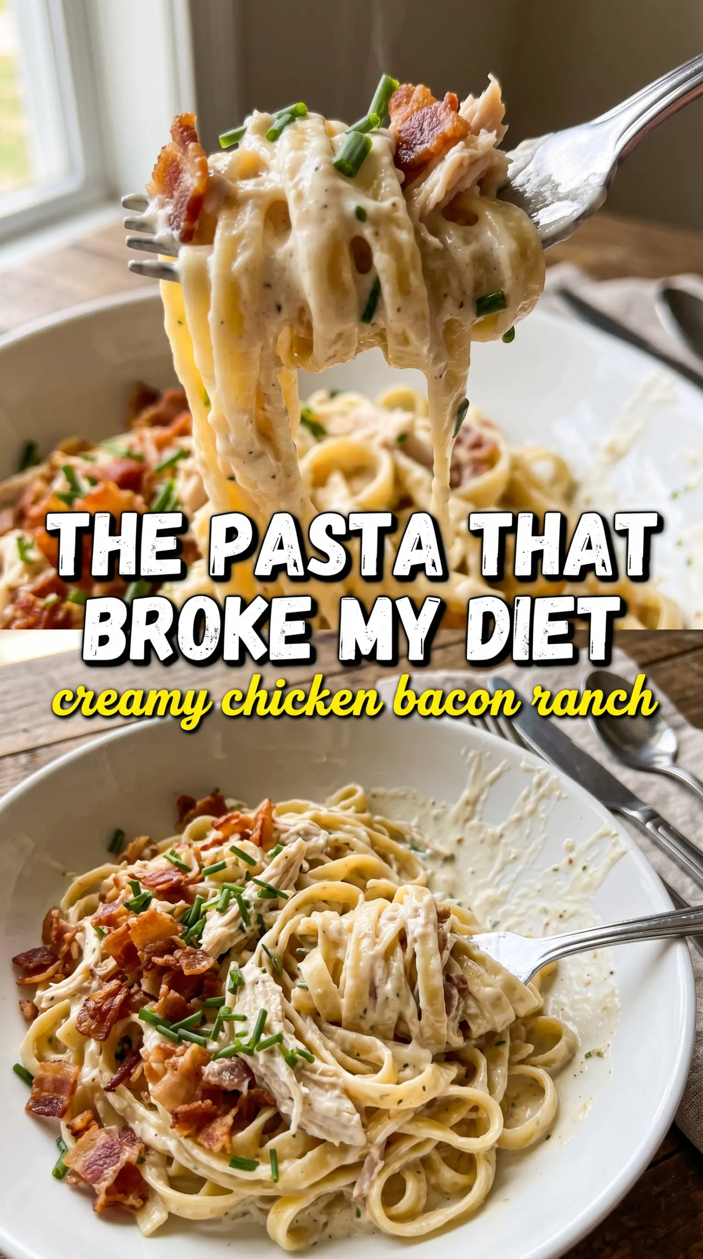 Creamy Chicken Bacon Ranch Pasta with bacon, cheddar, and ranch