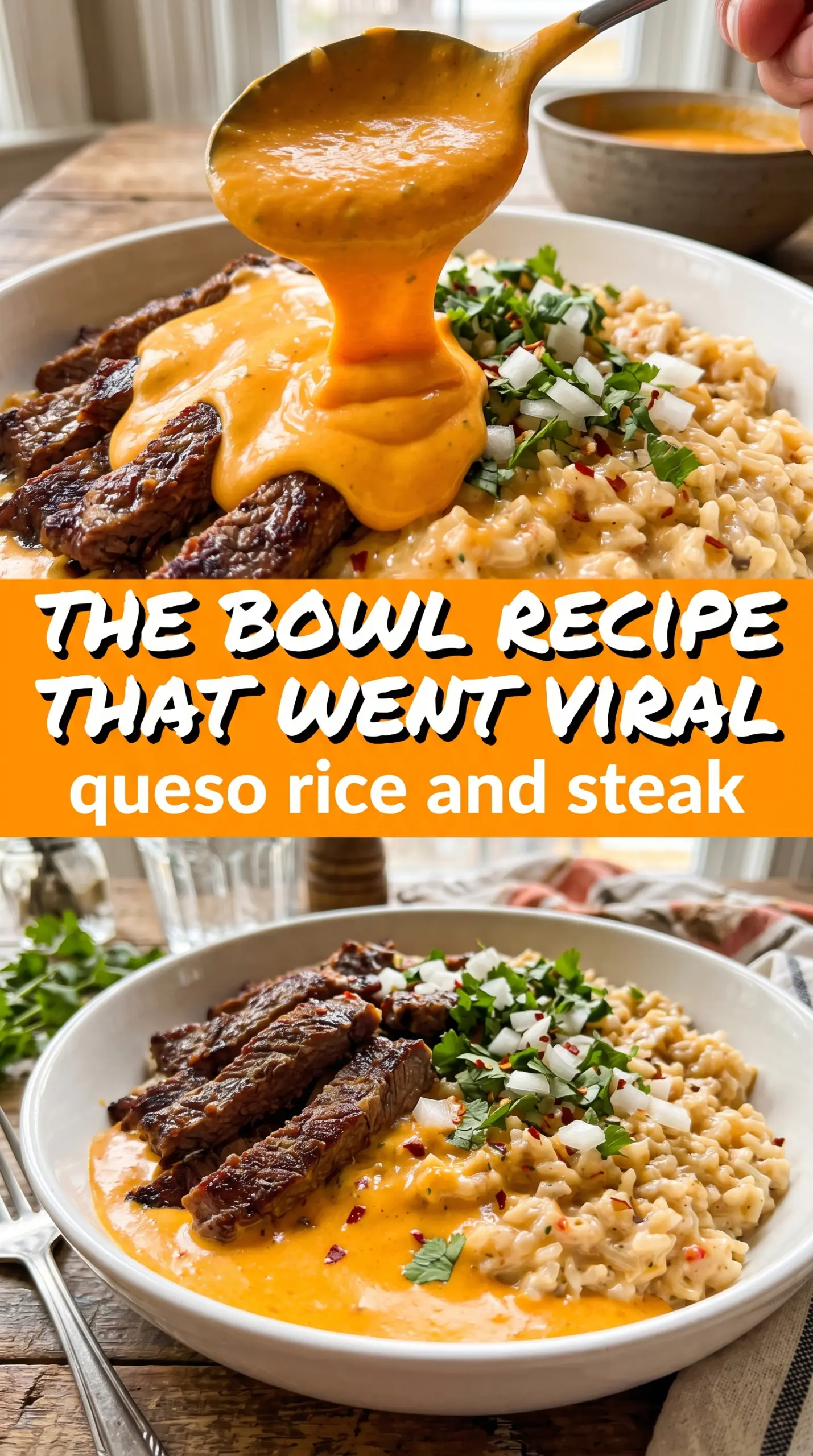 Creamy Queso Rice with Steak Strips, cheesy Tex-Mex, loaded rice bowl
