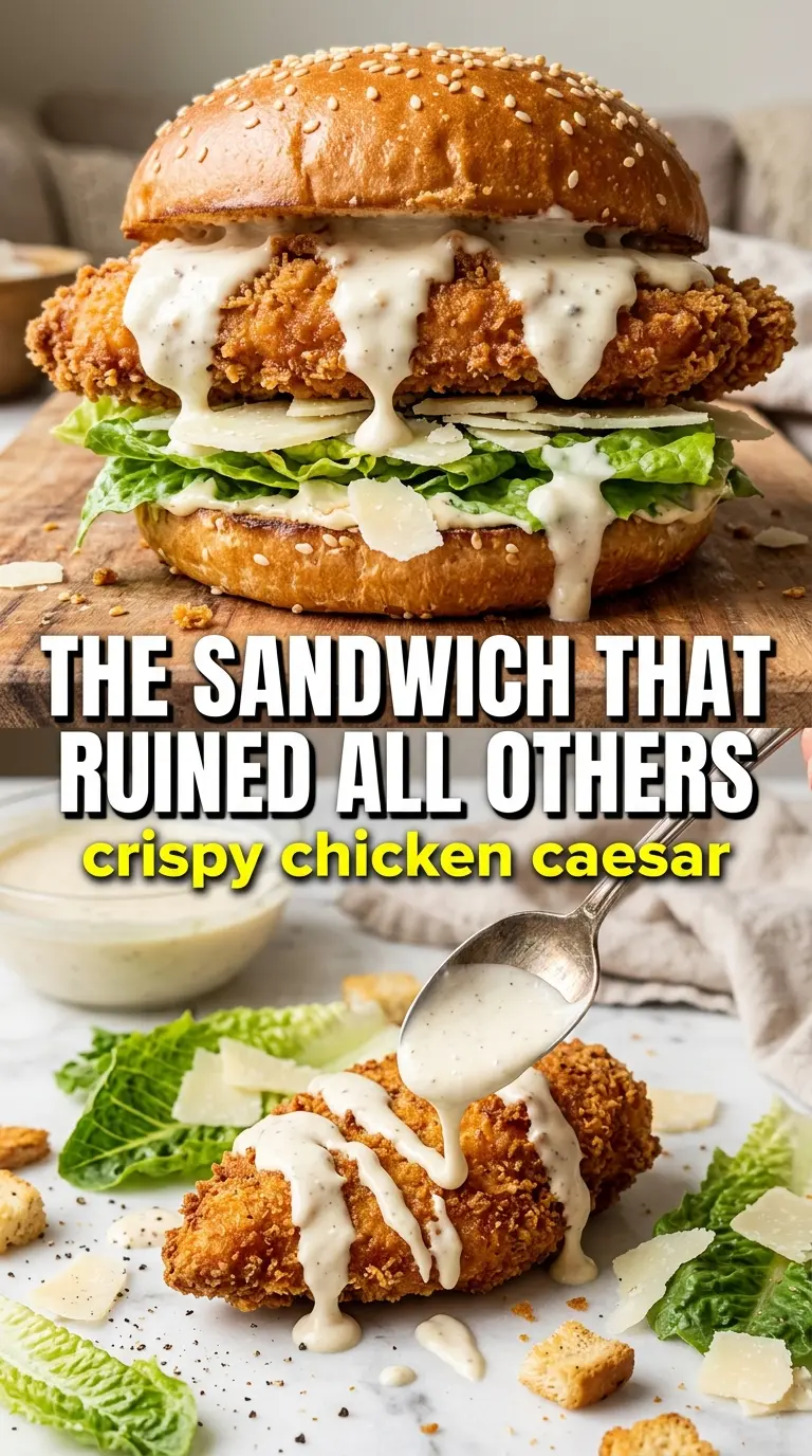 Crispy Chicken Caesar Sandwich golden panko crust, creamy, stacked