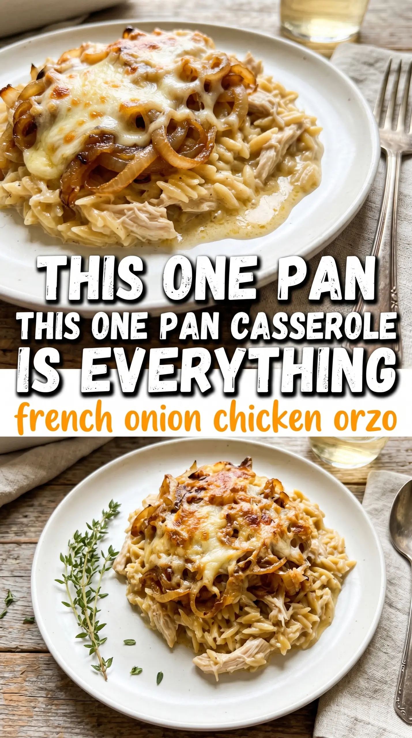 French Onion Chicken Orzo Casserole cheesy caramelized onions