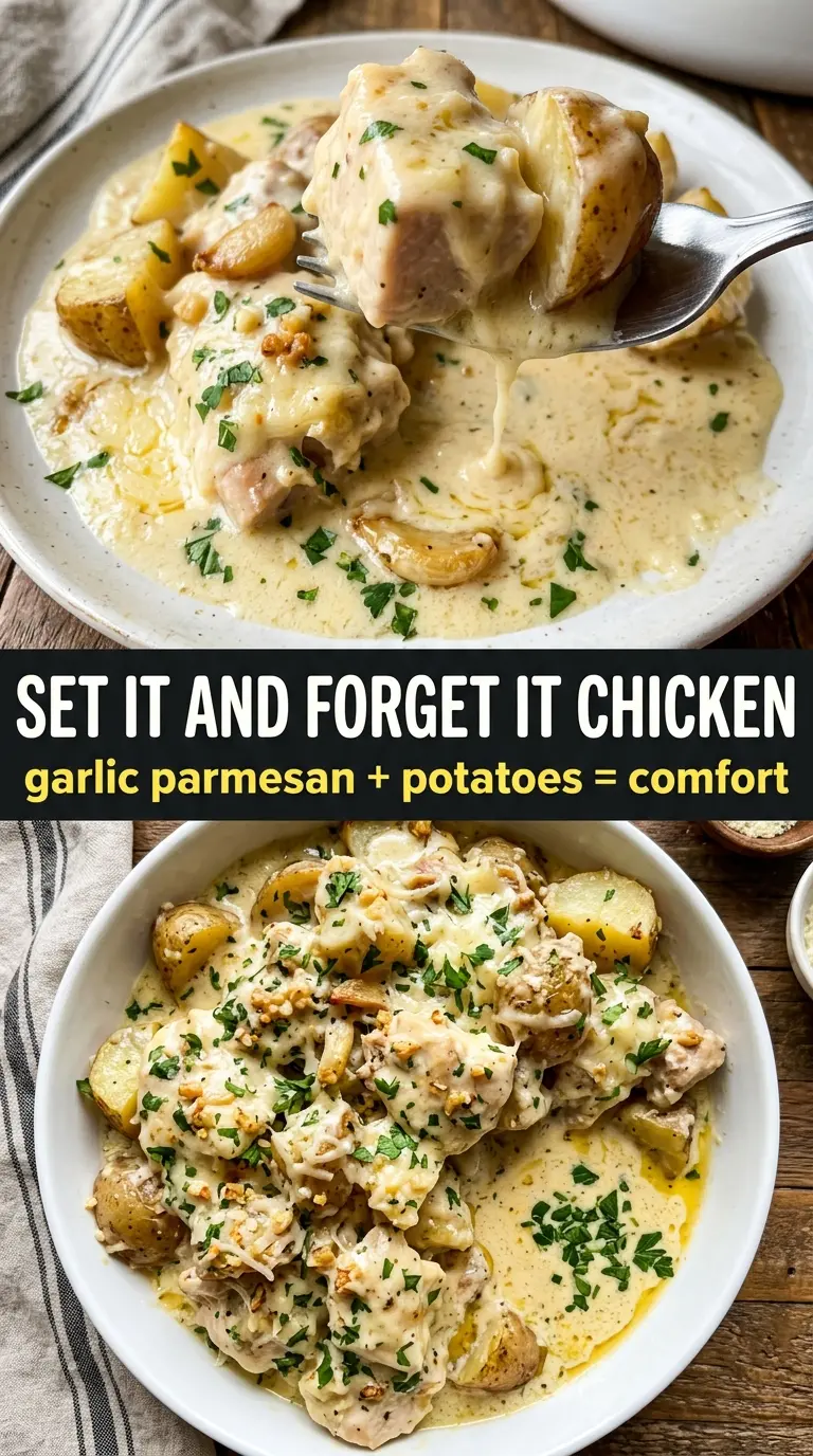 Garlic Parmesan Crockpot Chicken and Potatoes creamy tender