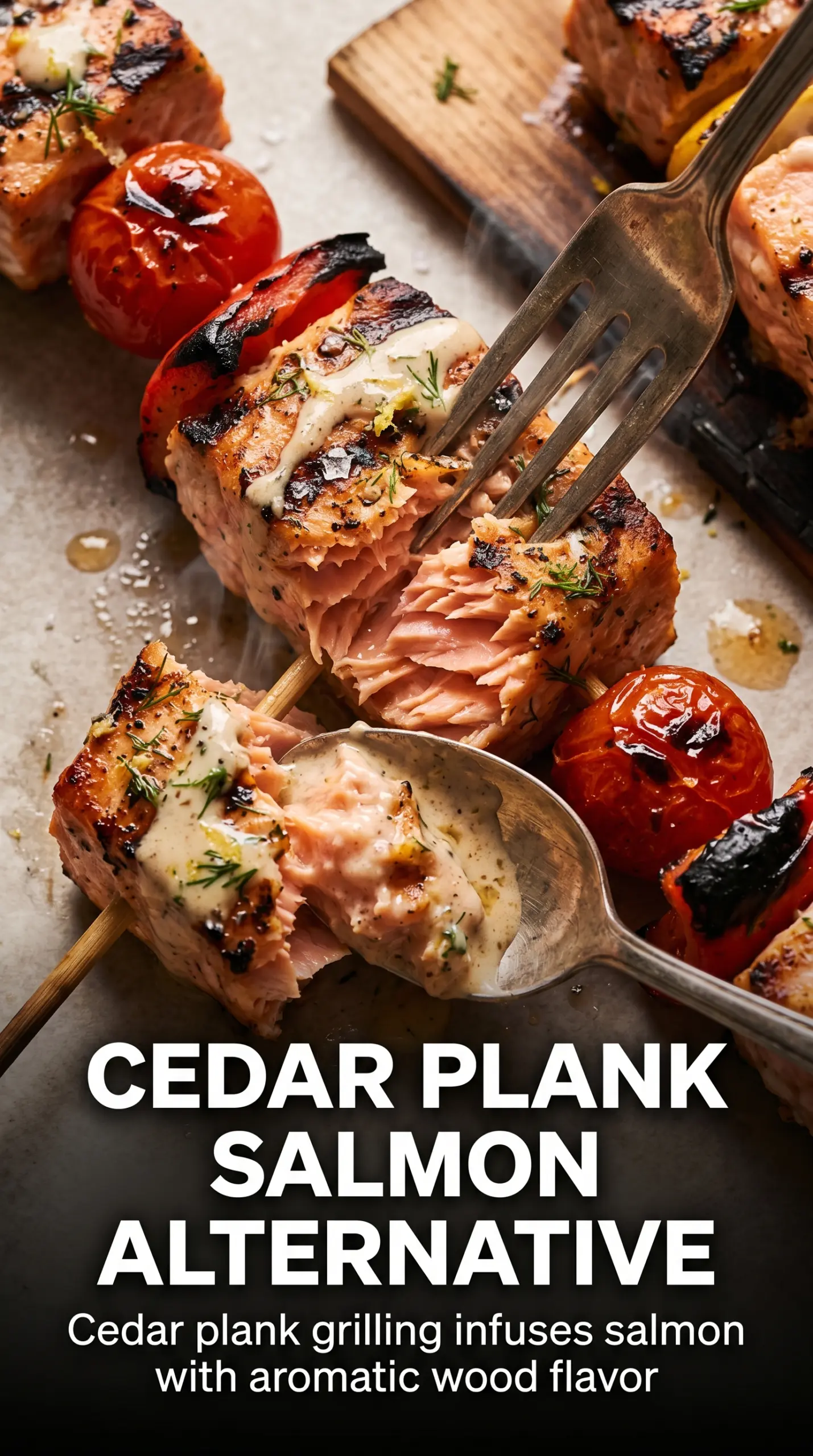 Grilled Salmon Kebabs lemon-herb, colorful vegetables, smoky