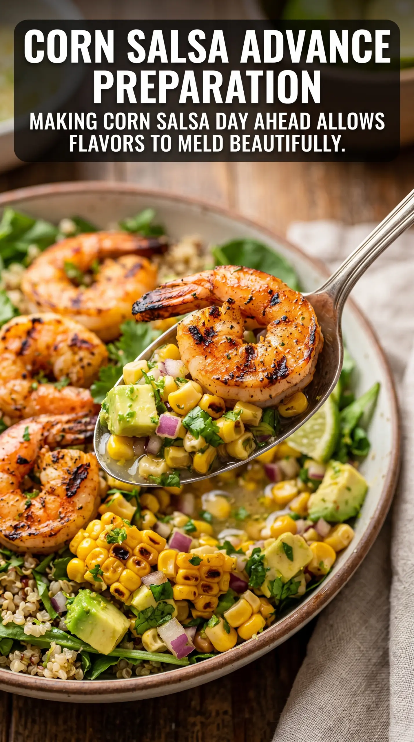 Grilled Shrimp Bowl with Avocado and Corn Salsa colorful fresh smoky