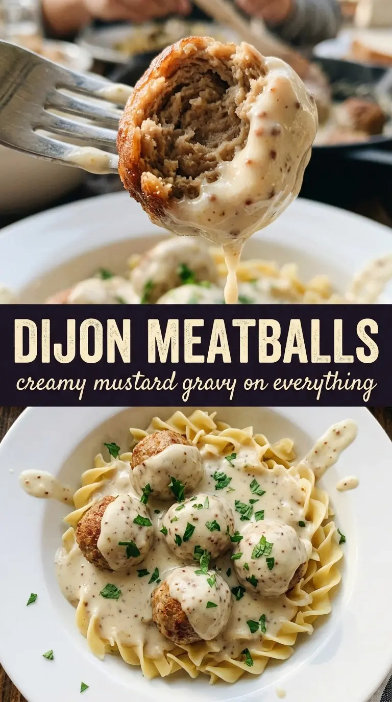 Meatballs in Dijon gravy creamy mustard skillet