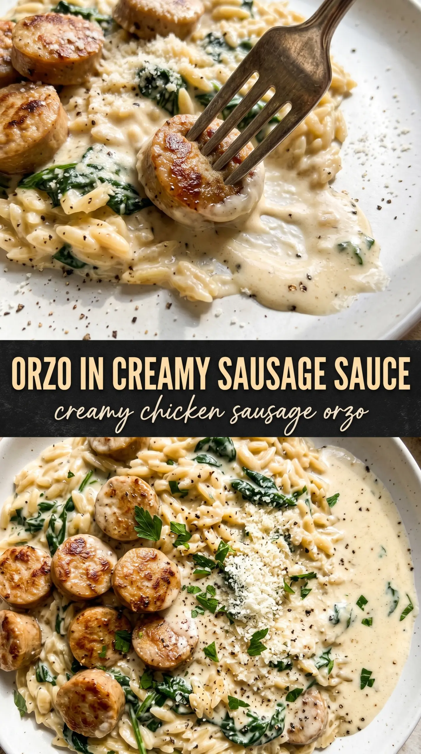 Creamy Chicken Sausage Orzo creamy glossy skillet