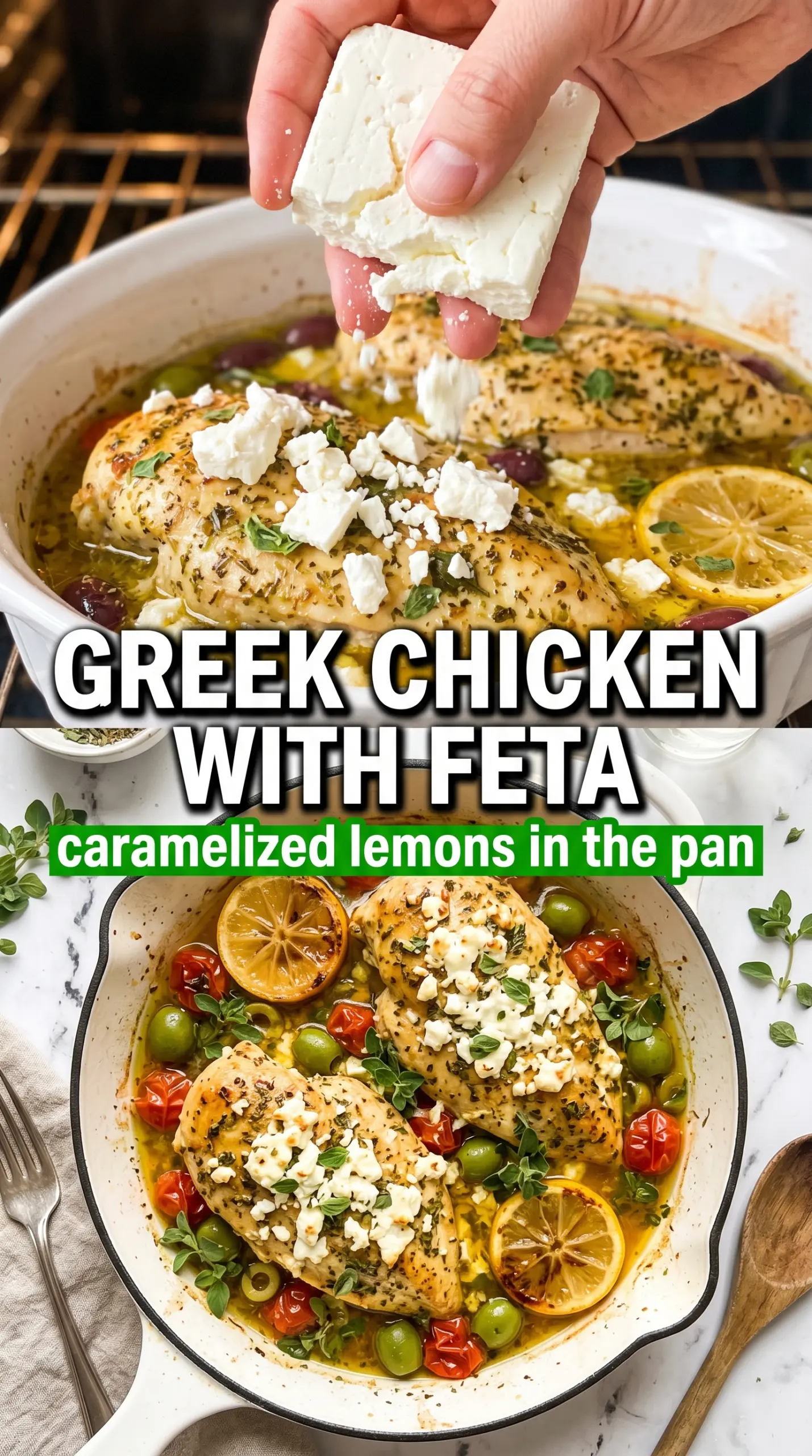 Greek chicken with lemon and feta, golden roasted, herbaceous