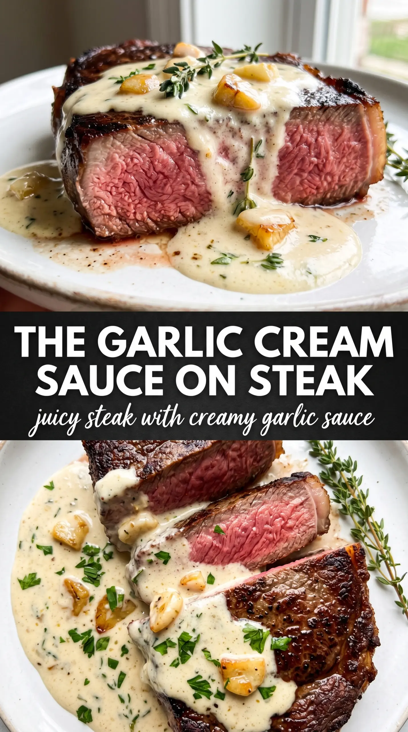 Juicy Steak with Creamy Garlic Sauce, seared, creamy, cast iron