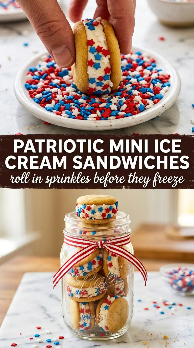 Patriotic Mini Ice Cream Sandwiches festive sprinkles red white blue