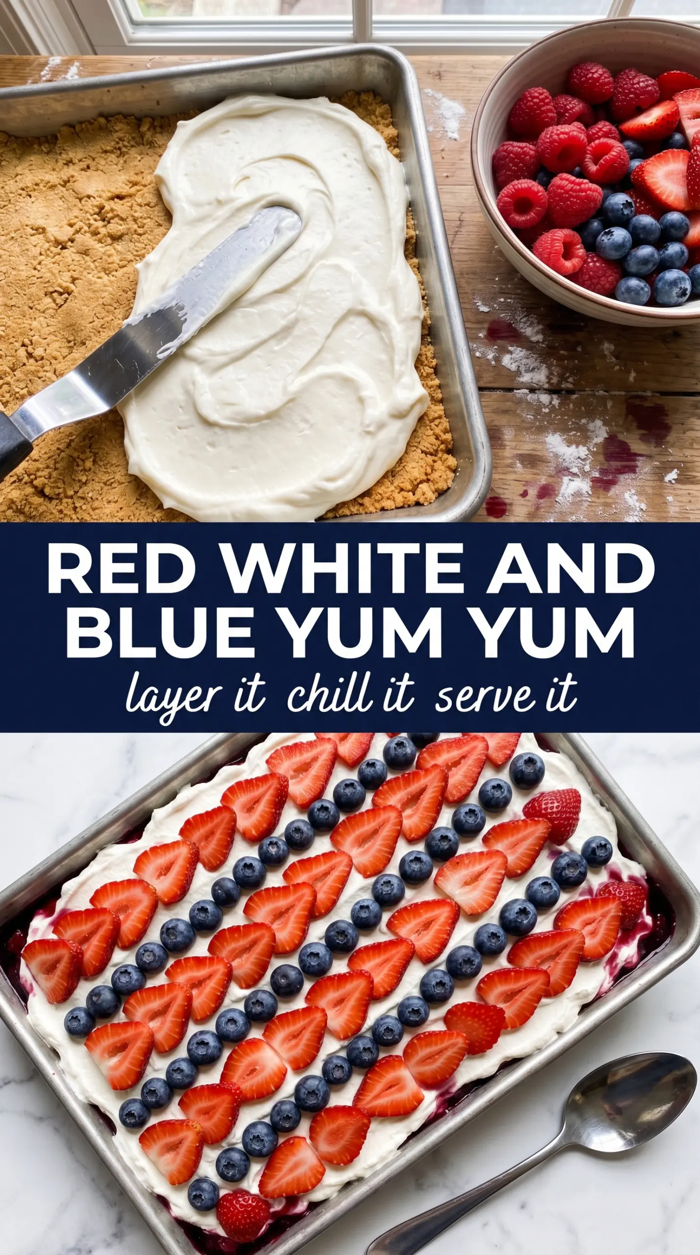 Red, White and Blue Mixed Berry Yum Yum layered dessert, creamy berry, no-bake