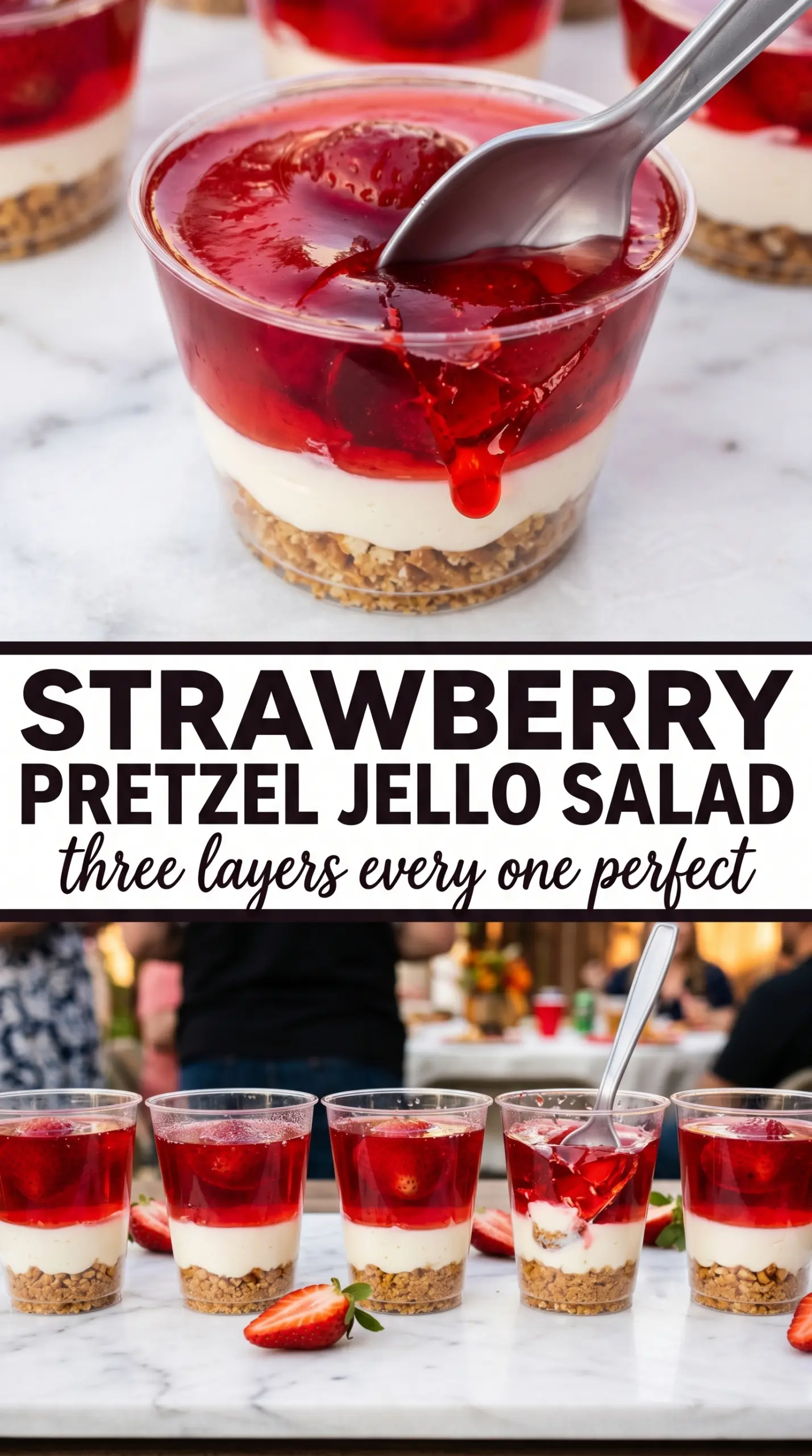 Strawberry Pretzel Jello Salad layered dessert, creamy, salty-sweet, bright strawberry